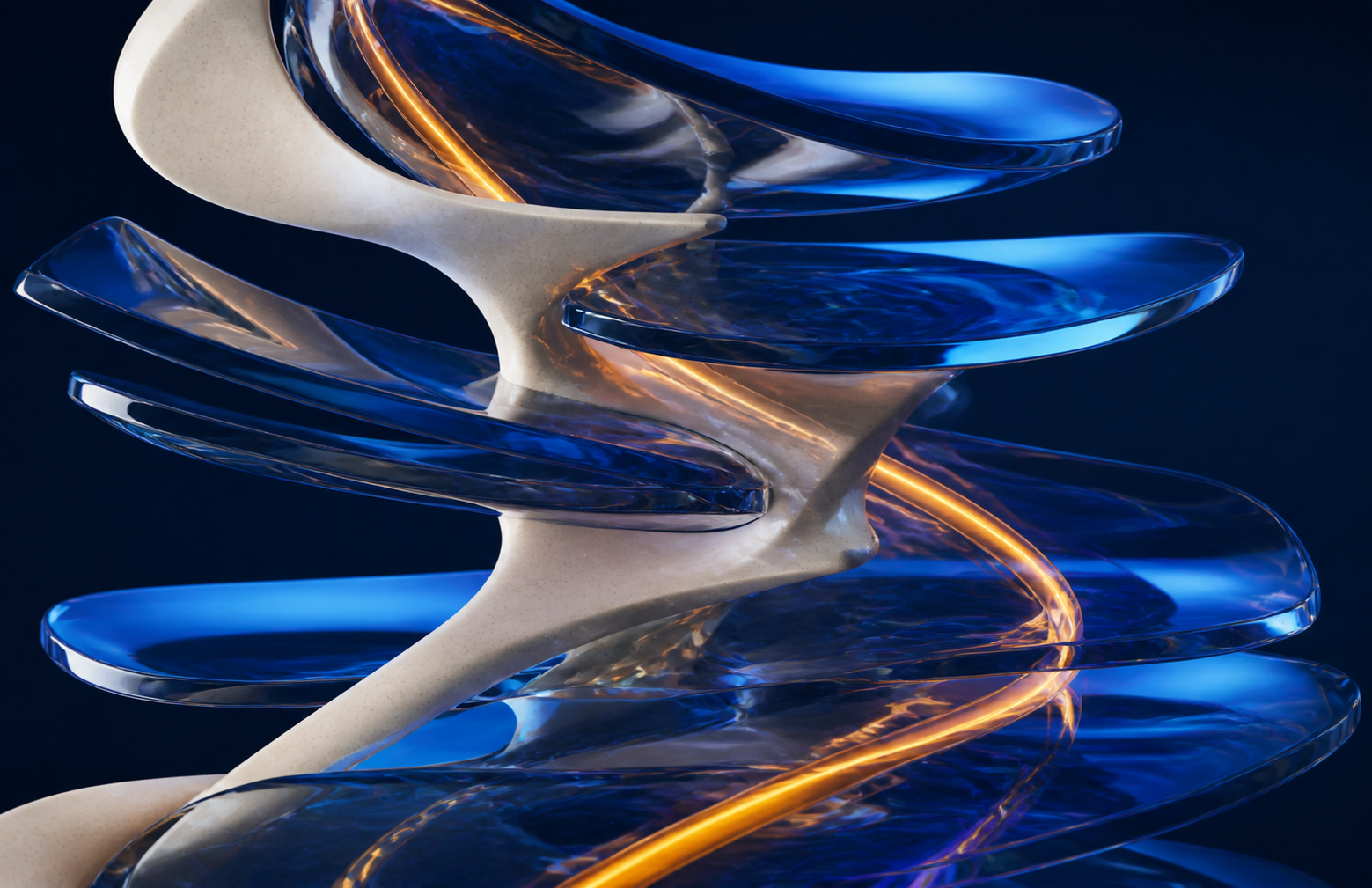 Escultura abstrata em camadas conectadas por um fluxo contínuo de memória âmbar